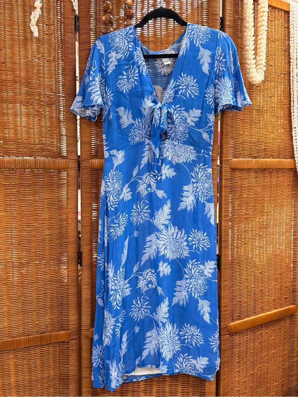 YIREH Tie-Front Blue Floral Midi Dress